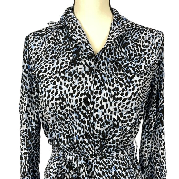 & Other Stories Shirt Dress Midi Blue Animal Print Long Sleeve Side Zip Belted - Picture 6 of 12